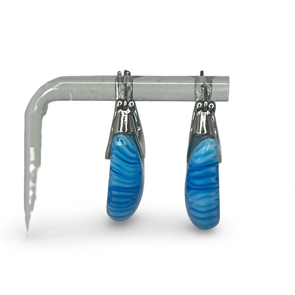 Murano Glass Millefiori Surgical Steel Hoop Earrings Blue Floral Pattern